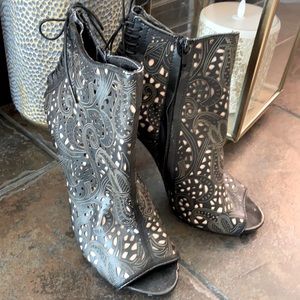 Black Leather peep toe zip up booties size 8